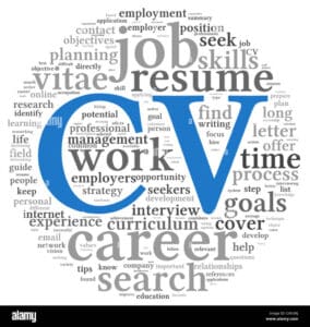 a circle of words with a blue letter about CV writing