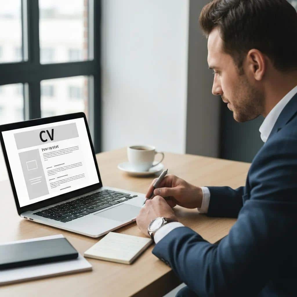 Veteran working on a CV in a modern office setting, emphasizing career transition