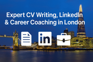 CV Writing Services in London – Unlock Your Career Potential' with subtle icons representing CV, LinkedIn, and career