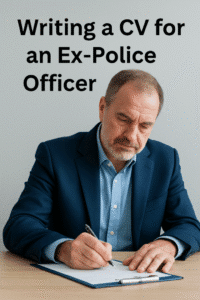 Police officer receiving a CV document with the headline text