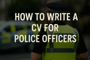 Police officer in uniform standing near a patrol vehicle with text overlay: How to Write a CV for Police Officers