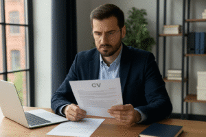 Professional man in a Birmingham office reviewing a printed CV at a tidy wooden desk beside a laptop, conveying focus and career confidence.