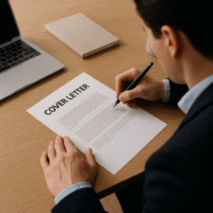 Professional man writing a cover letter at a desk with laptop and notebook.