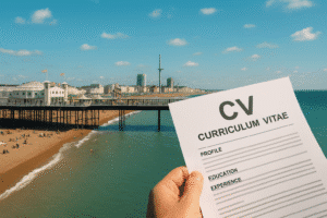 Iconic Brighton seafront with Brighton Pier in the background and a professional CV writer reviewing a resume at a desk, symbolising expert CV writing services in Brighton.