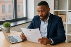 Confident professional sitting at a clean desk in a Birmingham office, reviewing a printed CV beside a laptop, conveying focus, ambition, and career readiness.
