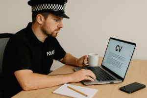 Serving police officer sitting at a desk with a coffee mug, working on a CV on a laptop, with a notepad, pencil, and phone beside him