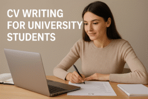 Young woman writing her CV at a wooden desk beside a laptop, smiling with focus, with text “CV Writing for University Students” displayed on the wall behind her.