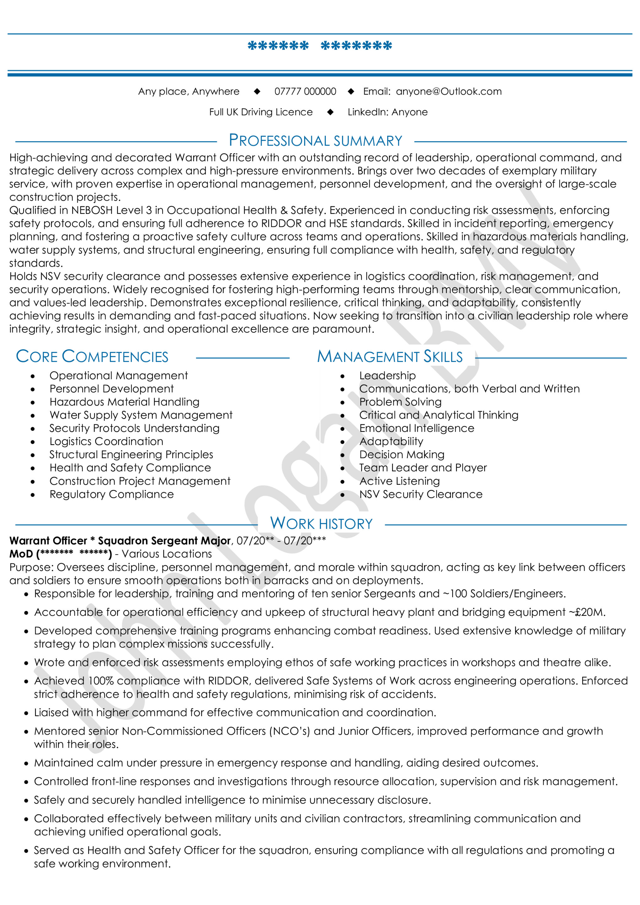 Ex-Military CV example 2026